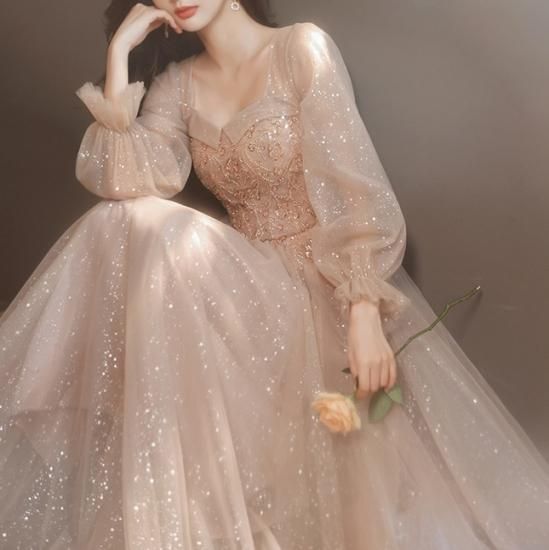 ロングドレス｜袖あり｜スパンコール｜パーティードレス通販Dressy