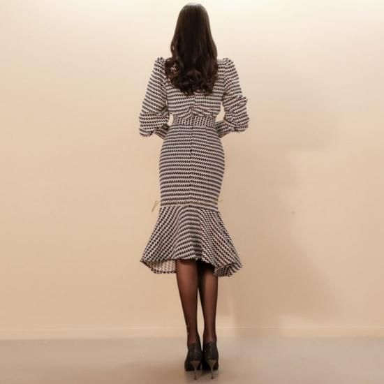 【送料込】千鳥格子 マーメイド ミモレ丈 ドレス セットアップ セットアップ｜可愛い｜千鳥格子｜パーティードレスとワンピース