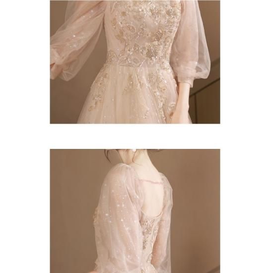 刺繍レースベージュミディドレス　結婚式　パーティードレス　レースドレス パーティードレス｜結婚式｜刺繍｜パーティードレス通販Dressy