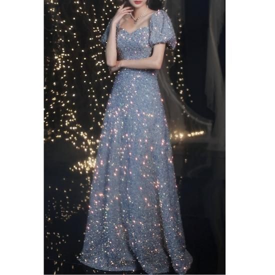 パーティードレス キラキラ パフスリーブ フレア S-3XL 8-260 ガール GIRL レース切替ビスチェ風パフスリーブフレア結婚式