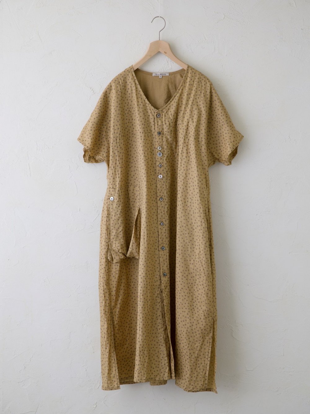 Light Cotton Ramie Elder Flower Print アシンメトリーポケット前開きワンピース