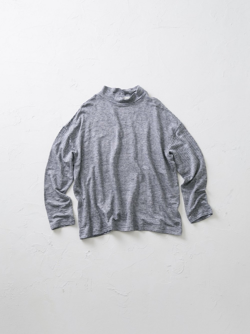 Linen 天竺 Narrow Border モックネック長袖Tシャツ