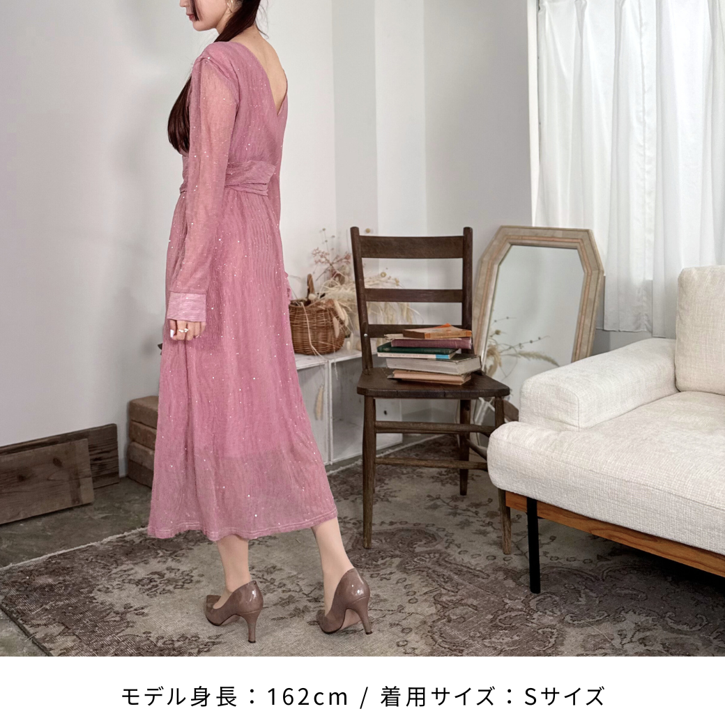 ドレス シフォン Vネック ウェストベルト ハイウェスト ラメ ドレス シフォン Vネック ウェストベルト ハイウェスト ラメ