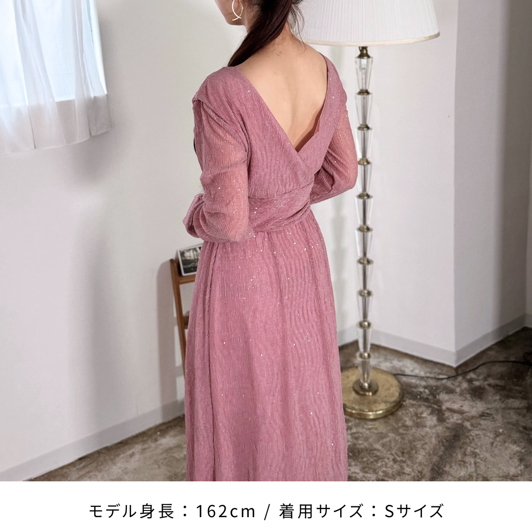 ドレス シフォン Vネック ウェストベルト ハイウェスト ラメ ドレス シフォン Vネック ウェストベルト ハイウェスト ラメ