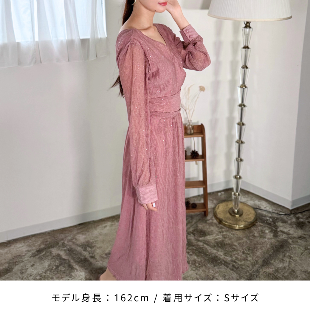 ドレス シフォン Vネック ウェストベルト ハイウェスト ラメ ドレス シフォン Vネック ウェストベルト ハイウェスト ラメ