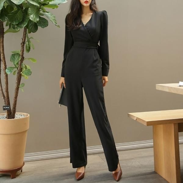 オールインワン ストレートパンツ パワーショルダー Vネック ウェストベルト ハイウェスト 長袖 レトロ エレガント 大人 ロング丈 結婚式 二次会 お呼ばれ パーティー オフィスカジュアル 6 000円以上お買い上げで送料無料 マノンデザイン