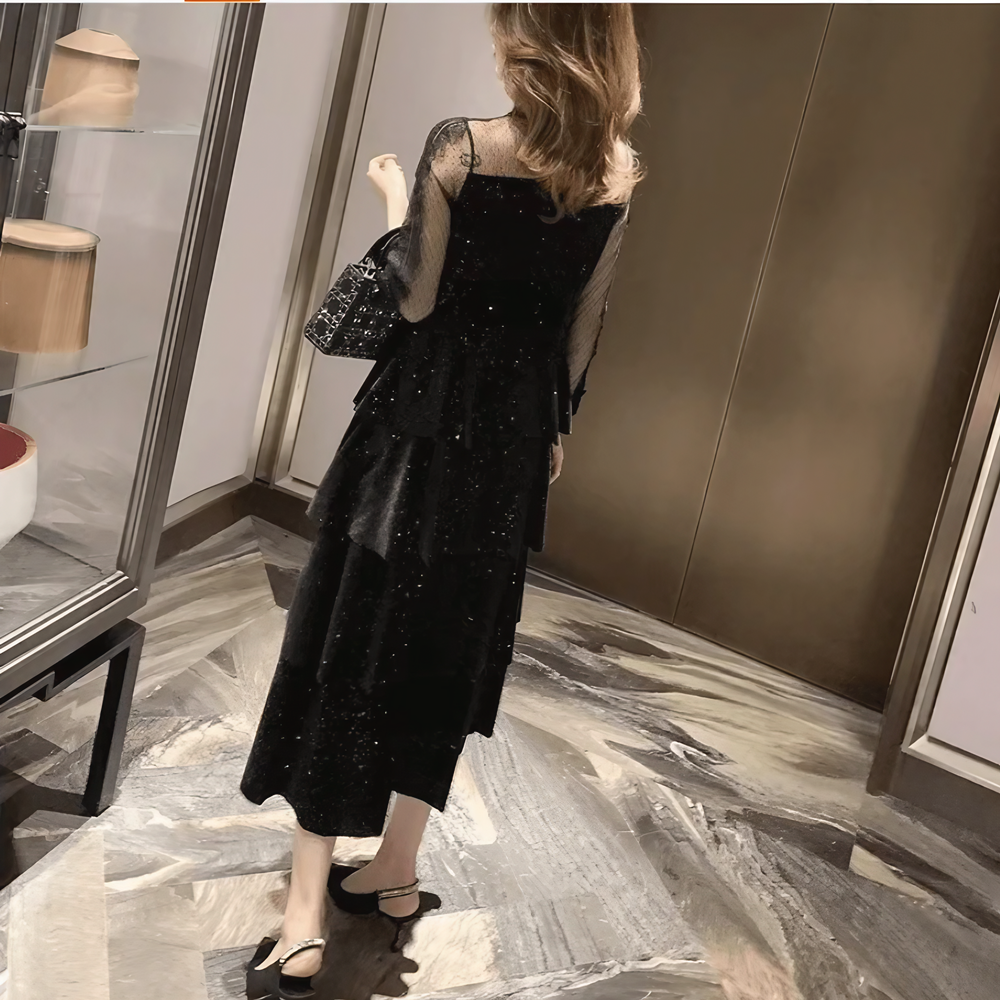 【関税込み】16Arlington ブラック Sola ミディアムドレス ドレス ティアードドレス ミディアム丈 Iライン シースルー