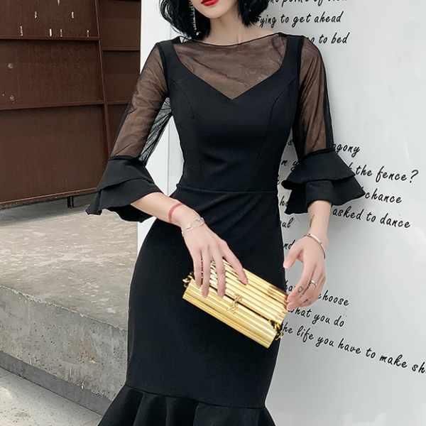 ドレス マーメイドスカート Vネック フリル シースルー ハイウェスト 透け感 ５分袖 ロング丈 大人 セクシー 結婚式 二次会 お呼ばれ パーティー 6 000円以上お買い上げで送料無料 マノンデザイン