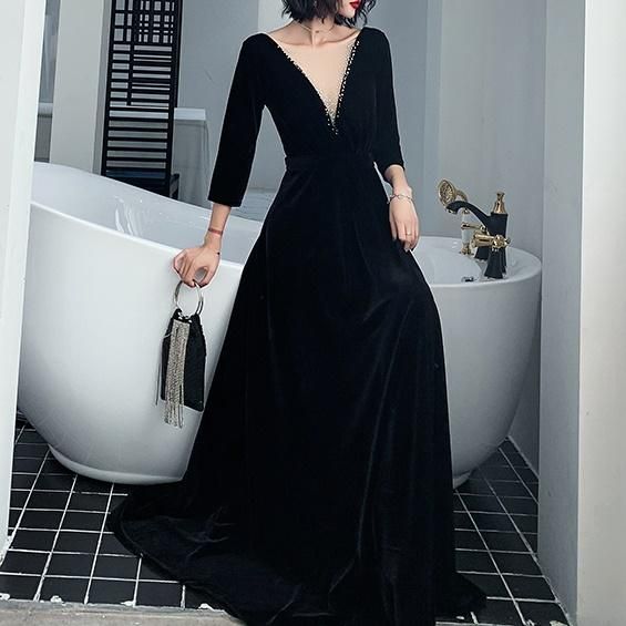 ドレス ロングドレス Aライン コーデュロイ ラインストーン Vネック 背中開き ベルベット 透け感 シアー 七分袖 エレガント セクシー ハイウェスト ロング丈 結婚式 二次会 お呼ばれ パーティー 6 000円以上お買い上げで送料無料 マノンデザイン