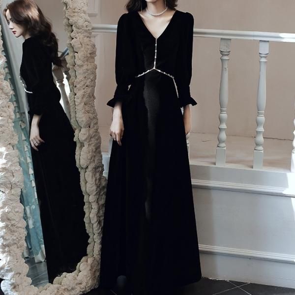 ドレス ロングドレス パール コーデュロイ ベルベット Vネック 背中開き ハイウェスト 長袖 大人 セクシー エレガント ロング丈 結婚式 二次会 お呼ばれ 6 000円以上お買い上げで送料無料 マノンデザイン