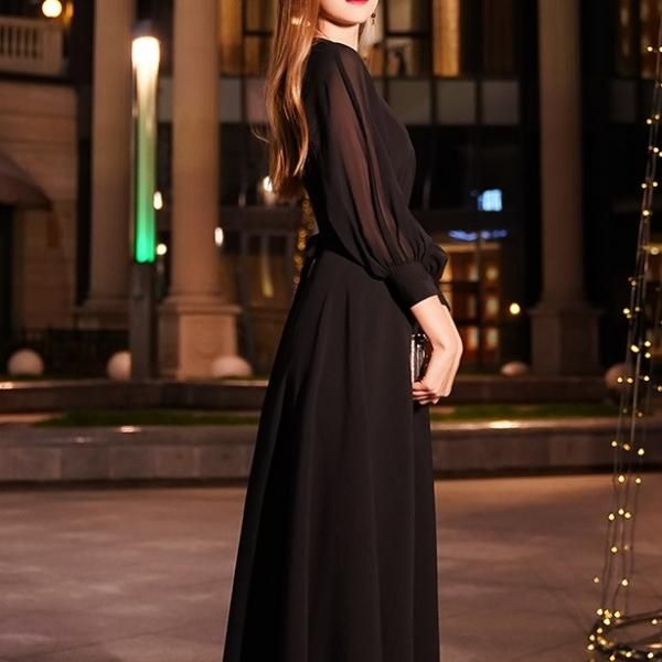 ドレス ロングドレス Aライン シンプル エレガント モックネック ハイ