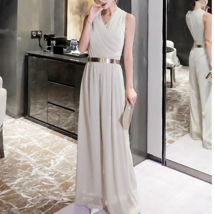 オールインワン ワイドパンツ Vネック ノースリーブ ハイ