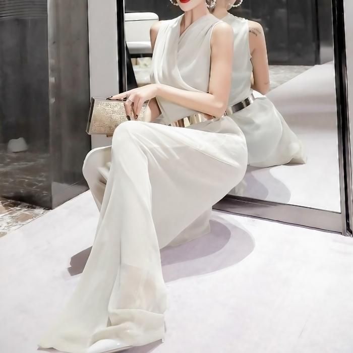 ハイウエスト Vネック ノースリーブジャンプスーツ 大人 クール オールインワン ワイドパンツ Vネック ノースリーブ ハイ