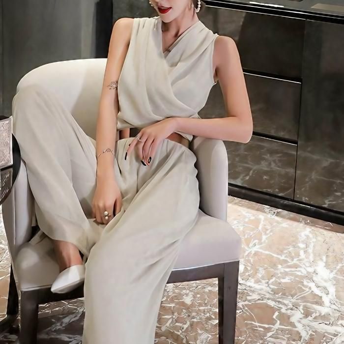 オールインワン ワイドパンツ Vネック ノースリーブ ハイ