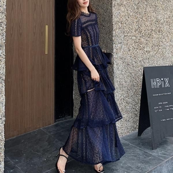 ドレス ティアードドレスIライン 結婚式 二次会 お呼ばれドレス ドレス ティアードドレス Iライン レース 透け感 クールネック