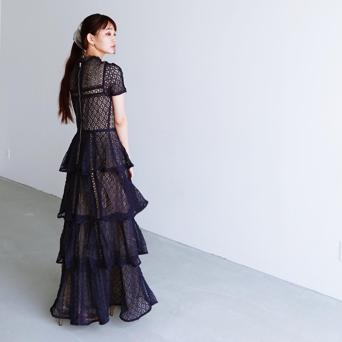 ドレス はなsama ドレス ティアードドレス Iライン レース 透け感 クールネック ハイ