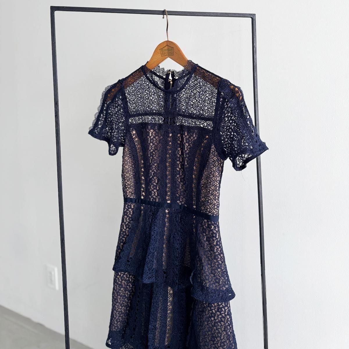 ドレス ティアードドレス Iライン レース 透け感 クールネック ハイ