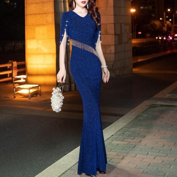 ドレス マーメイドドレス Iライン フリンジ ラインストーン クルー