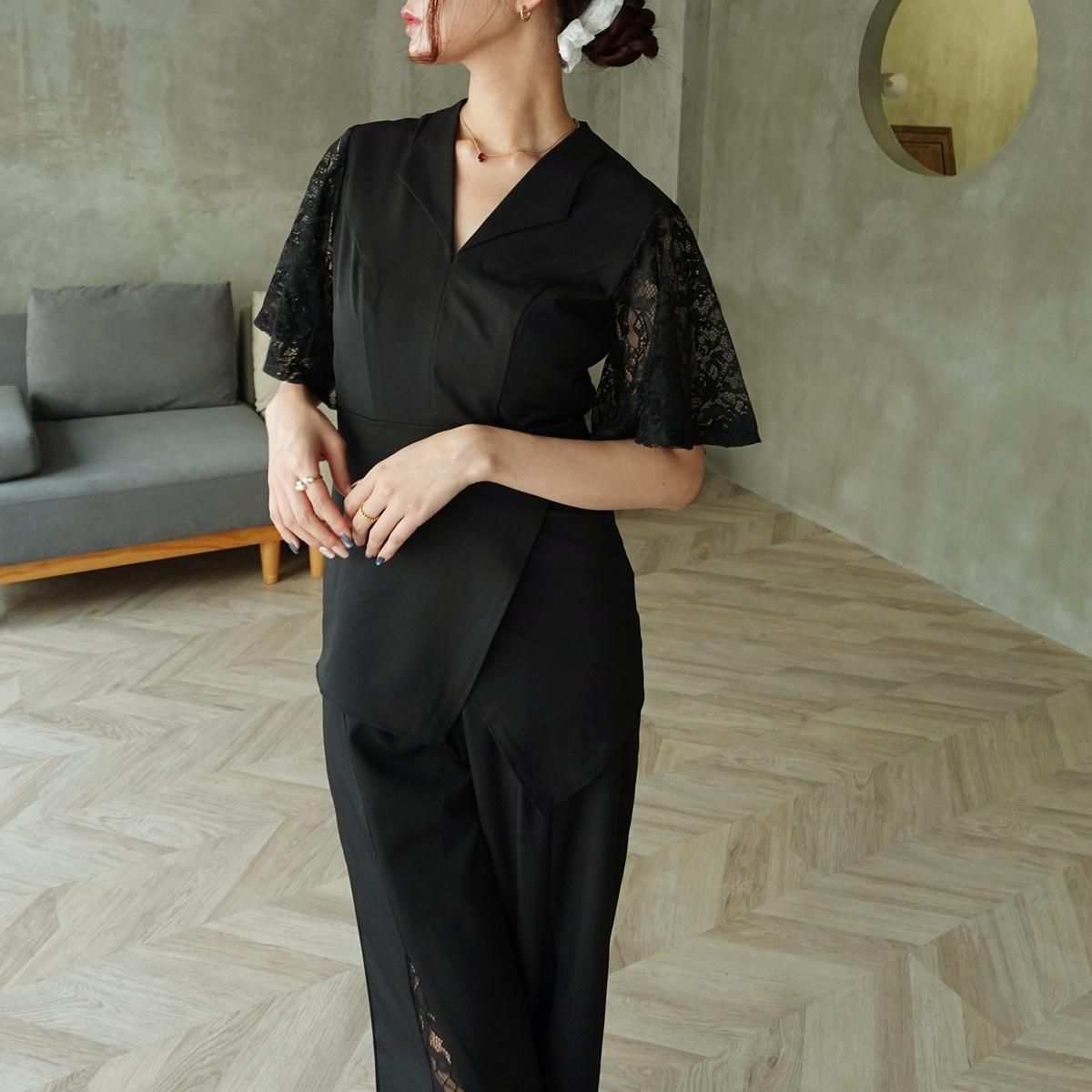 オールインワン 花柄 レース 透け感 ワイドパンツ 襟付き Vネック ハイ