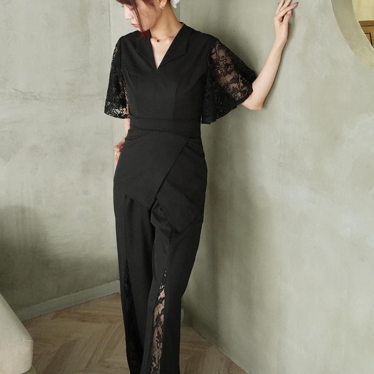 オールインワン 花柄 レース 透け感 ワイドパンツ 襟付き Vネック ハイ