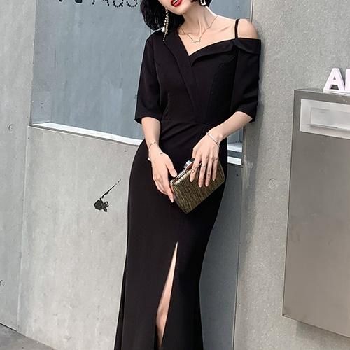 ドレス マーメイド Iライン アシンメトリー オフショルダー ハイ