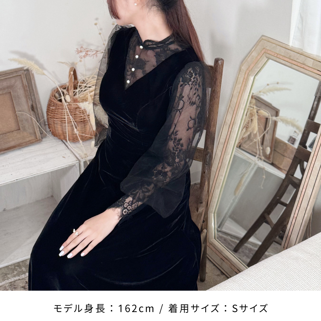 ドレス ベロア Aライン ロングドレス 花柄 レース モックネック ドレス ベロア Aライン ロングドレス 花柄 レース モックネック