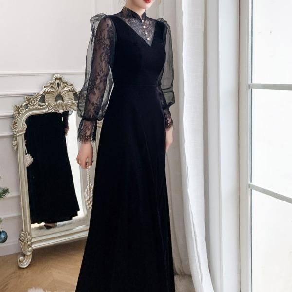 ドレス ベロア Aライン ロングドレス 花柄 レース モックネック