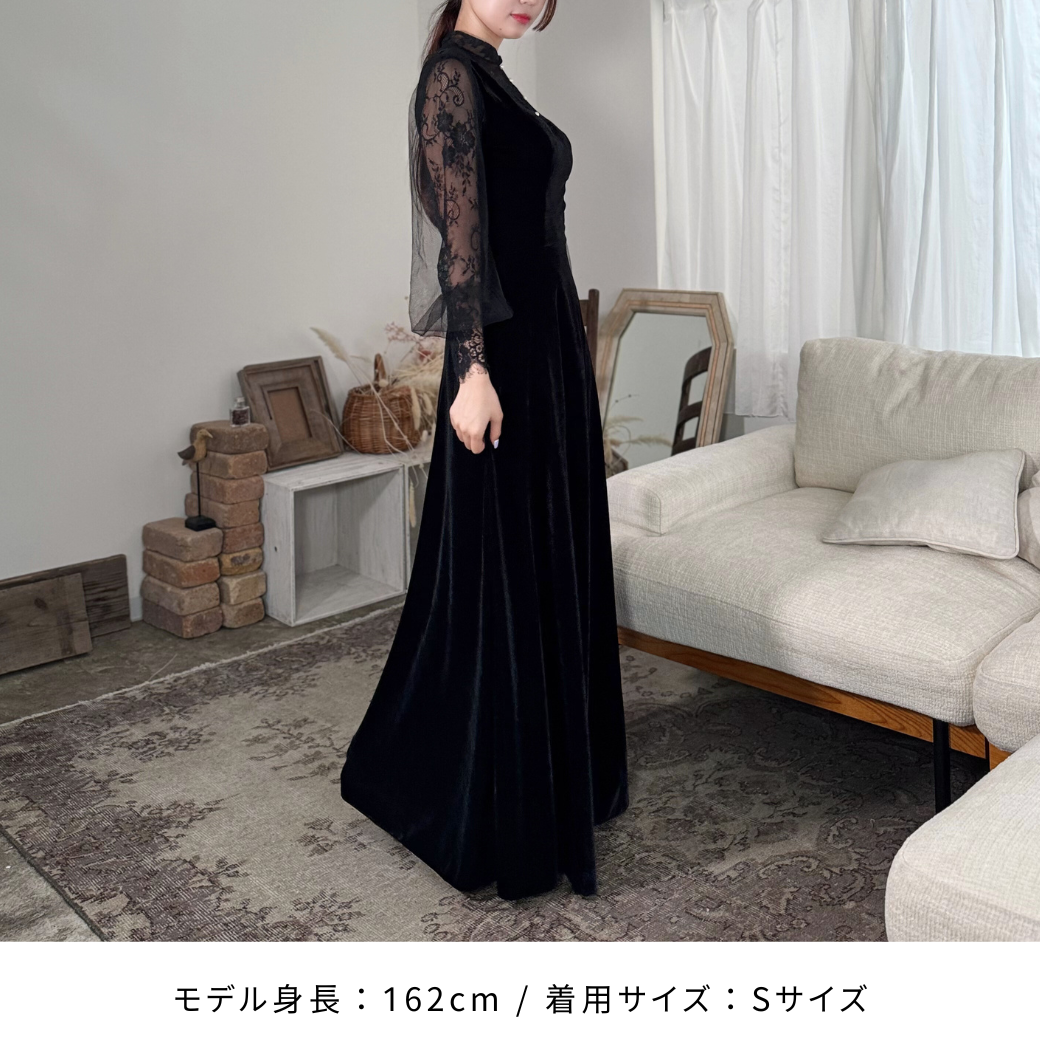 ドレス ベロア Aライン ロングドレス 花柄 レース モックネック ドレス ベロア Aライン ロングドレス 花柄 レース モックネック