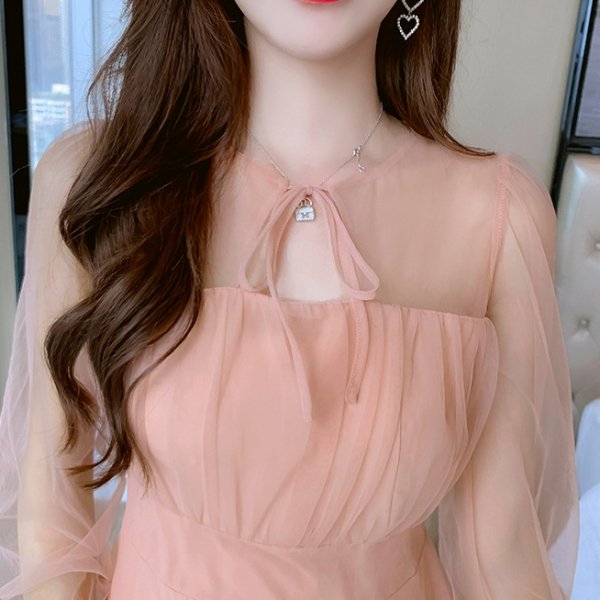 ドレス ワンピースドレス シースルー 透け感 ピンク 長袖 リボン