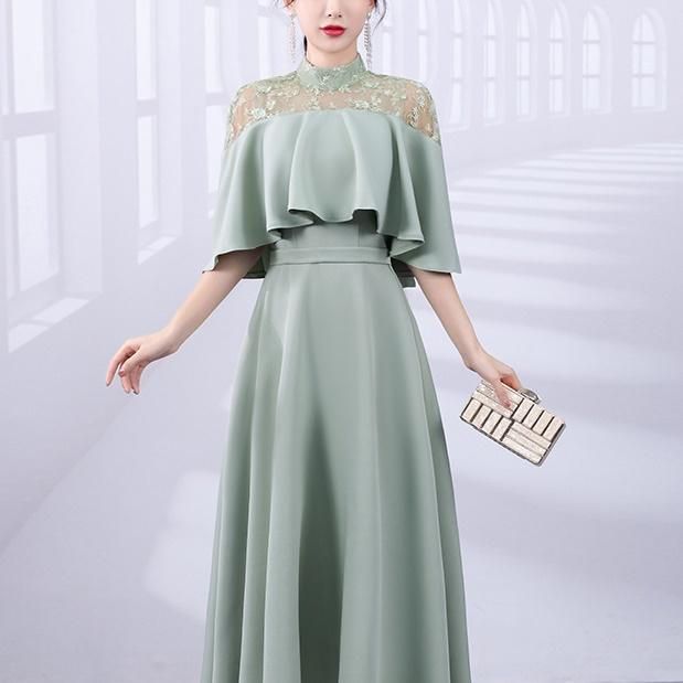 ドレス ケープ 花柄 レース Aラインドレス ロング丈 モック