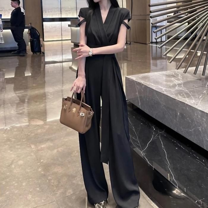 オールインワン パンツドレス カシュクール Vネック ロング丈