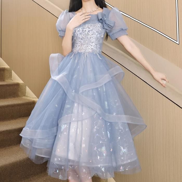 ドレス リボン 花柄 蝶柄 Aライン スクエアネック パフスリーブ ドレス リボン 花柄 蝶柄 Aライン スクエアネック パフスリーブ