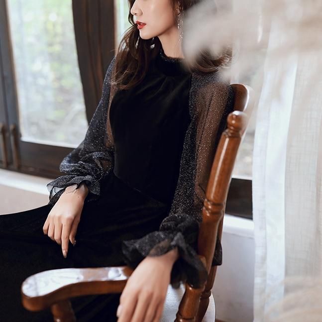 ドレス ラメ ボリュームスリーブ Aライン ロングドレス クルー ドレス ラメ ボリュームスリーブ Aライン ロングドレス クルー