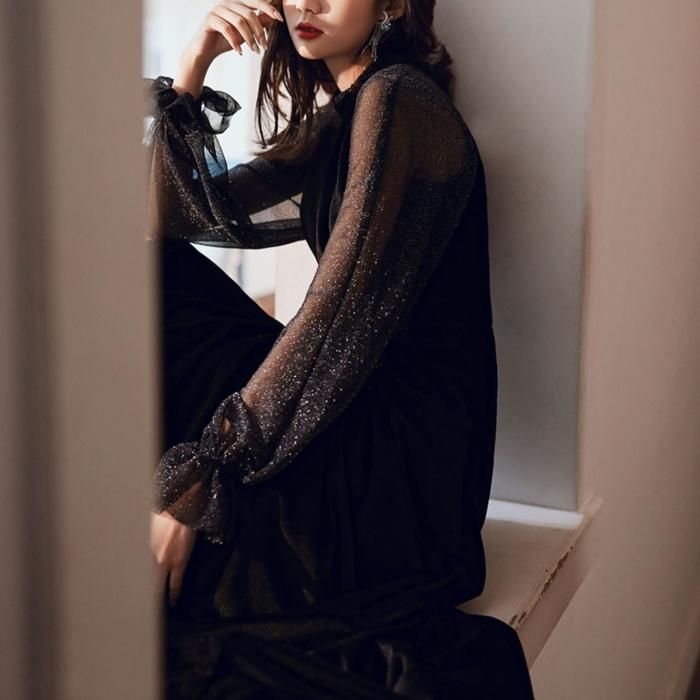 ドレス ラメ ボリュームスリーブ Aライン ロングドレス クルー ドレス ラメ ボリュームスリーブ Aライン ロングドレス クルー