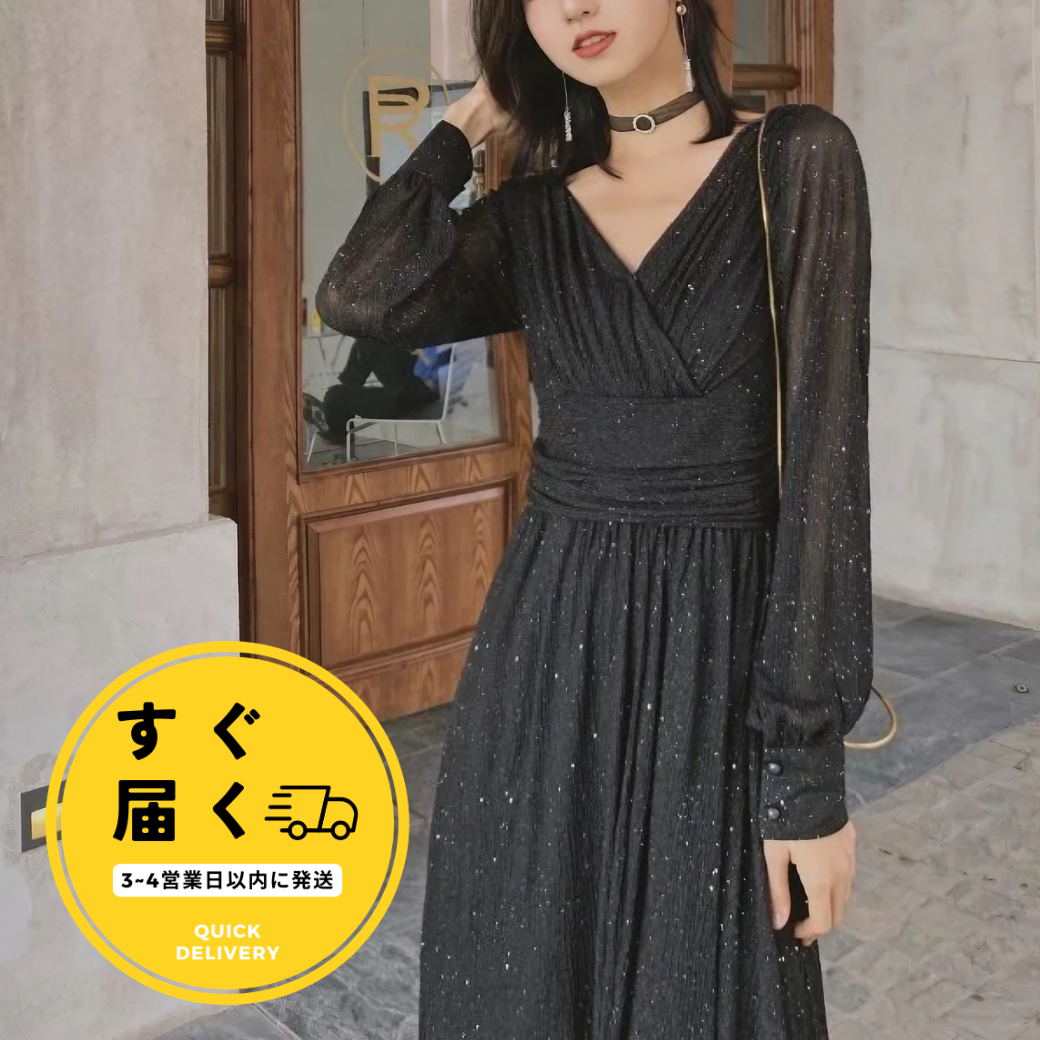 即納商品】ドレス シフォン Vネック ウェストベルト ハイ 即納商品】ドレス シフォン Vネック ウェストベルト ハイ