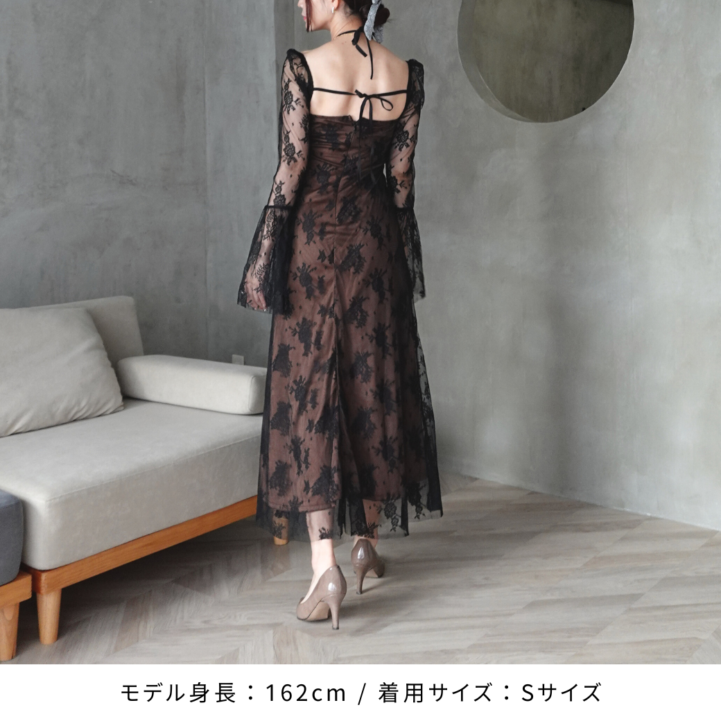 ドレス 花柄 シアー シースルー スクエアネック ロング丈 ハイ ドレス 花柄 シアー シースルー スクエアネック ロング丈 ハイ