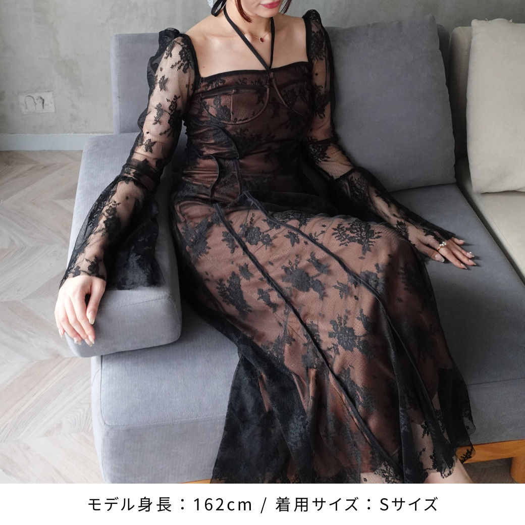 ドレス 花柄 シアー シースルー スクエアネック ロング丈 ハイ