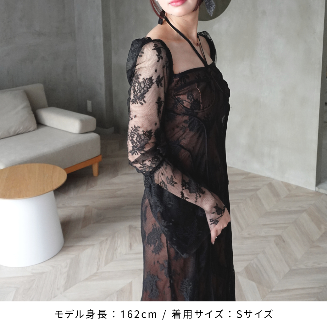 ドレス 花柄 シアー シースルー スクエアネック ロング丈 ハイ
