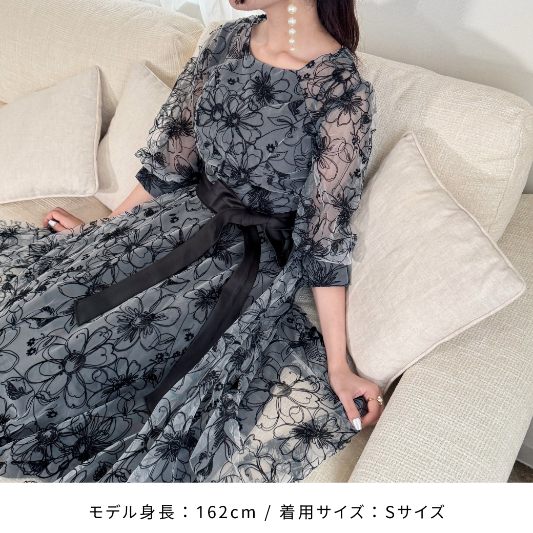 ドレス 花柄 フラワー シースルー ボリュームスリーブ ラウンド ドレス 花柄 フラワー シースルー ボリュームスリーブ ラウンド