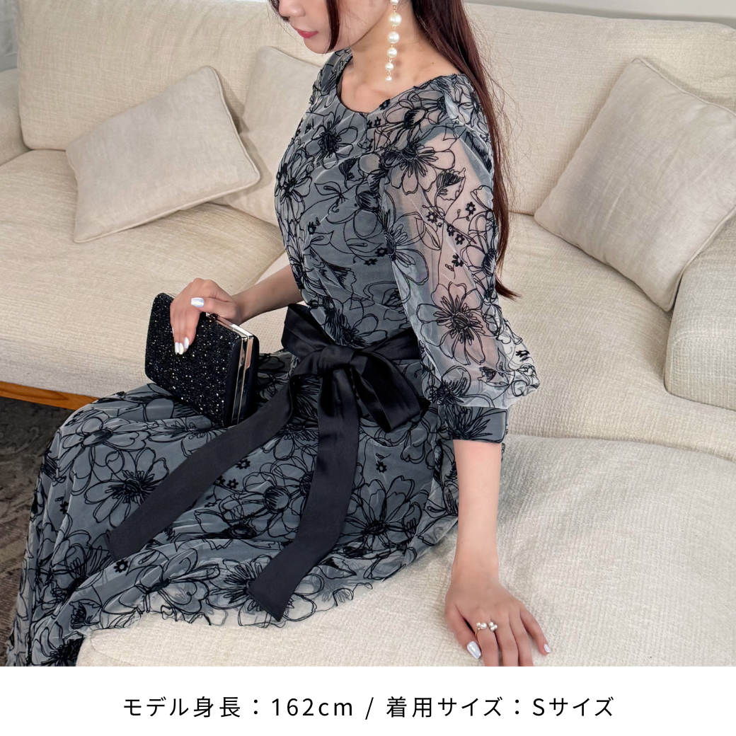 ドレス 花柄 フラワー シースルー ボリュームスリーブ ラウンド ドレス 花柄 フラワー シースルー ボリュームスリーブ ラウンド