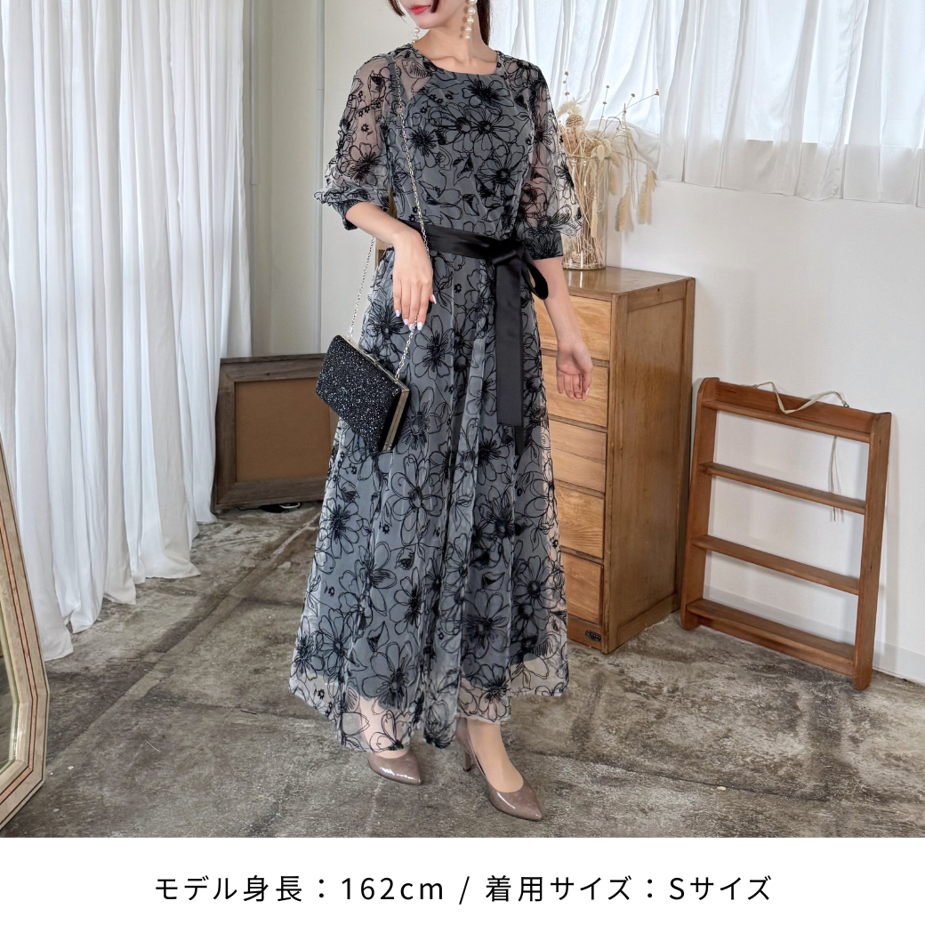 ドレス 花柄 フラワー シースルー ボリュームスリーブ ラウンド ドレス 花柄 フラワー シースルー ボリュームスリーブ ラウンド