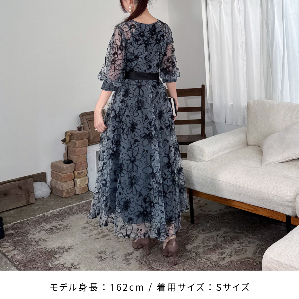 ドレス 花柄 フラワー シースルー ボリュームスリーブ ラウンド ドレス 花柄 フラワー シースルー ボリュームスリーブ ラウンド