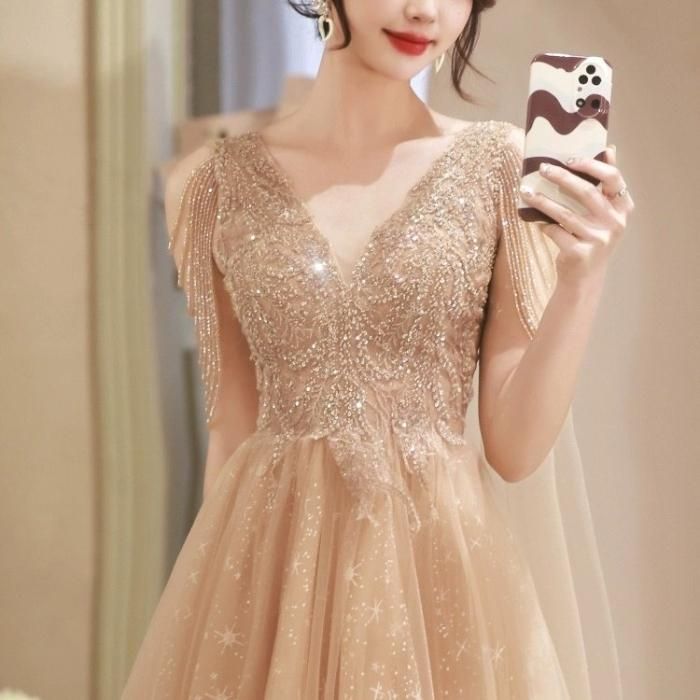 ドレス ビーズ スパンコール ベール Vネック Aライン ロング丈 ハイ