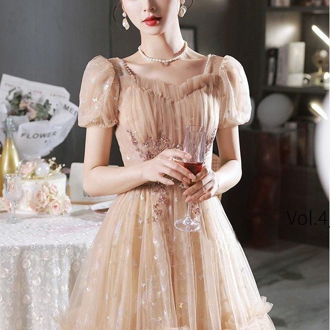 ドレス 蝶柄 バタフライ柄 スクエアネック パフスリーブ チュール