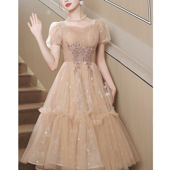 ドレス 蝶柄 バタフライ柄 スクエアネック パフスリーブ チュール