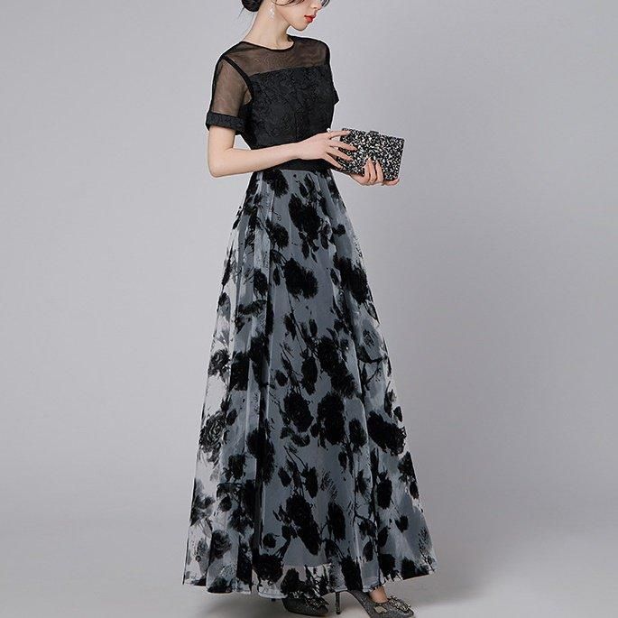 モダンドレス　　値下げ致します ドレス モード 切り替え ドッキング シアー 透け感 Aライン ロング丈