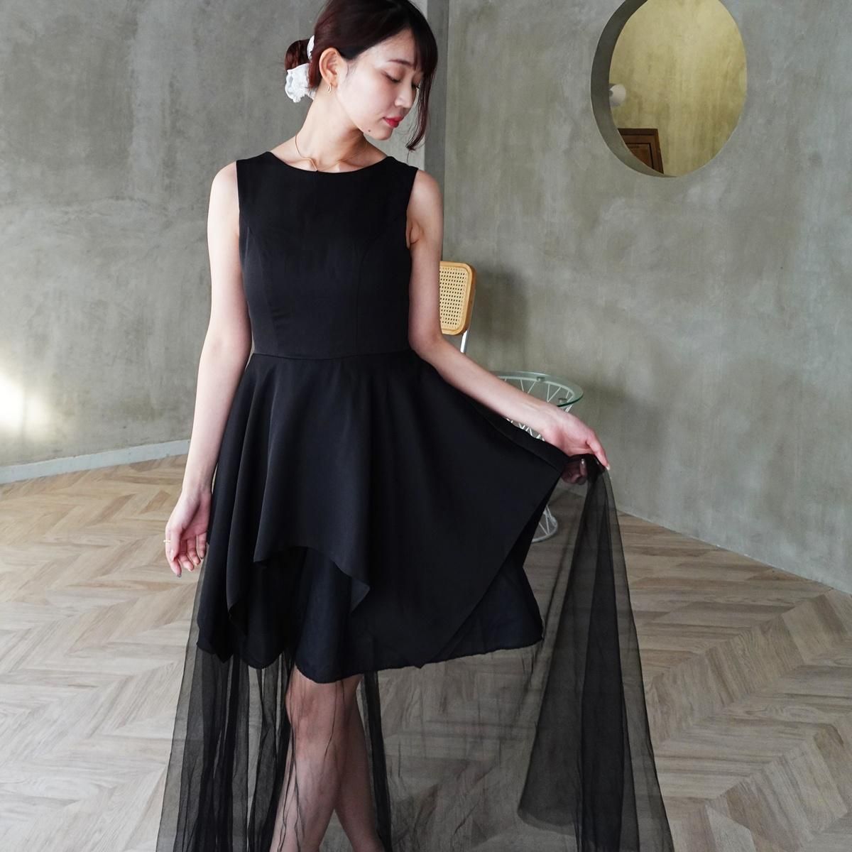 ドレス ペプラム 切り替え シアー Aライン クルーネック ノースリーブ