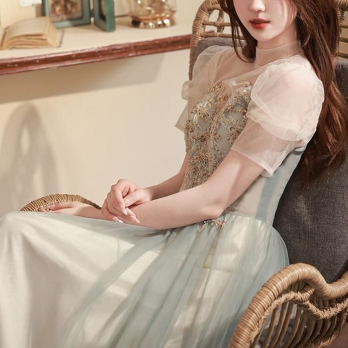 ドレス 刺繍 グラデーション スクエアネック シアー ロング丈 A