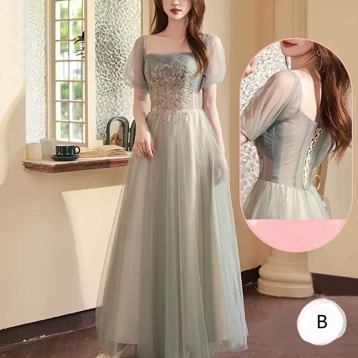 ドレス 刺繍 グラデーション スクエアネック シアー ロング丈 A