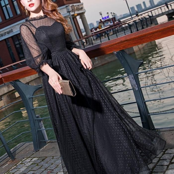 ドレス ドット柄 シアー Aライン ロングドレス クルーネック